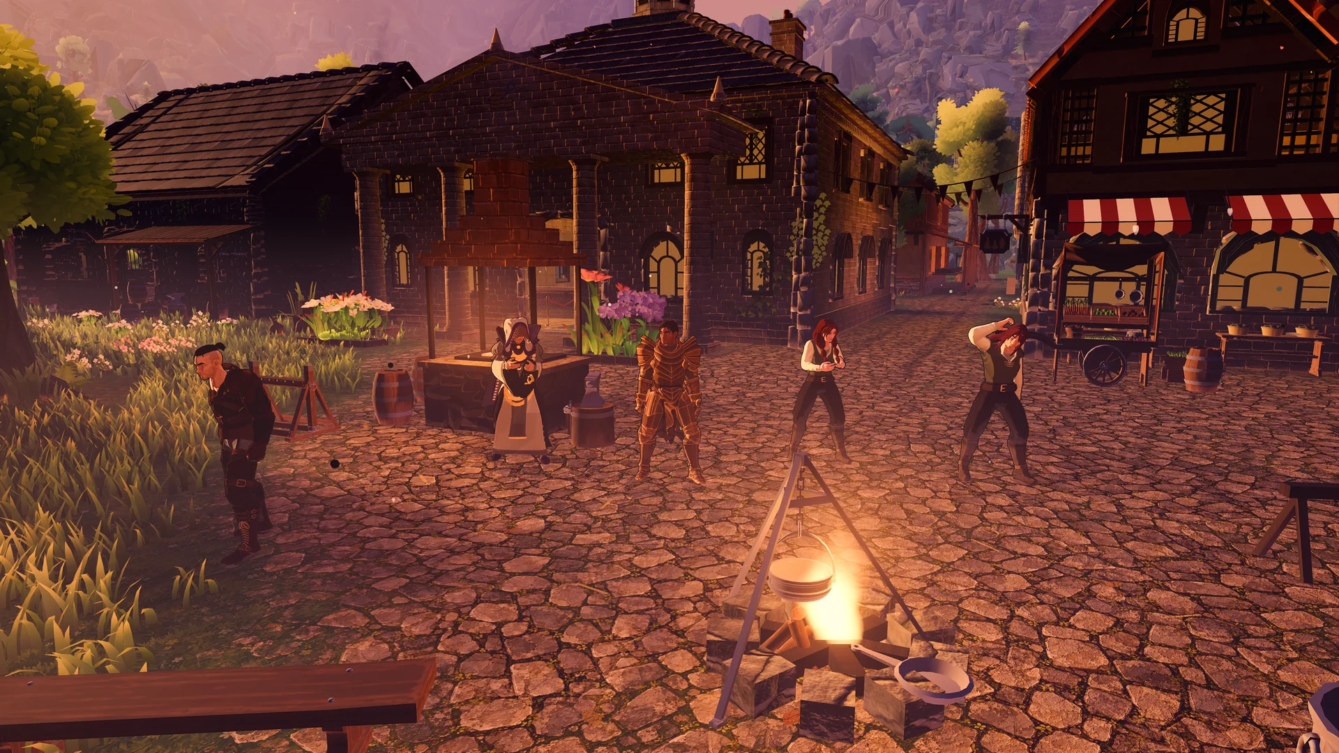 Players gather around a fire in a town square at dusk.