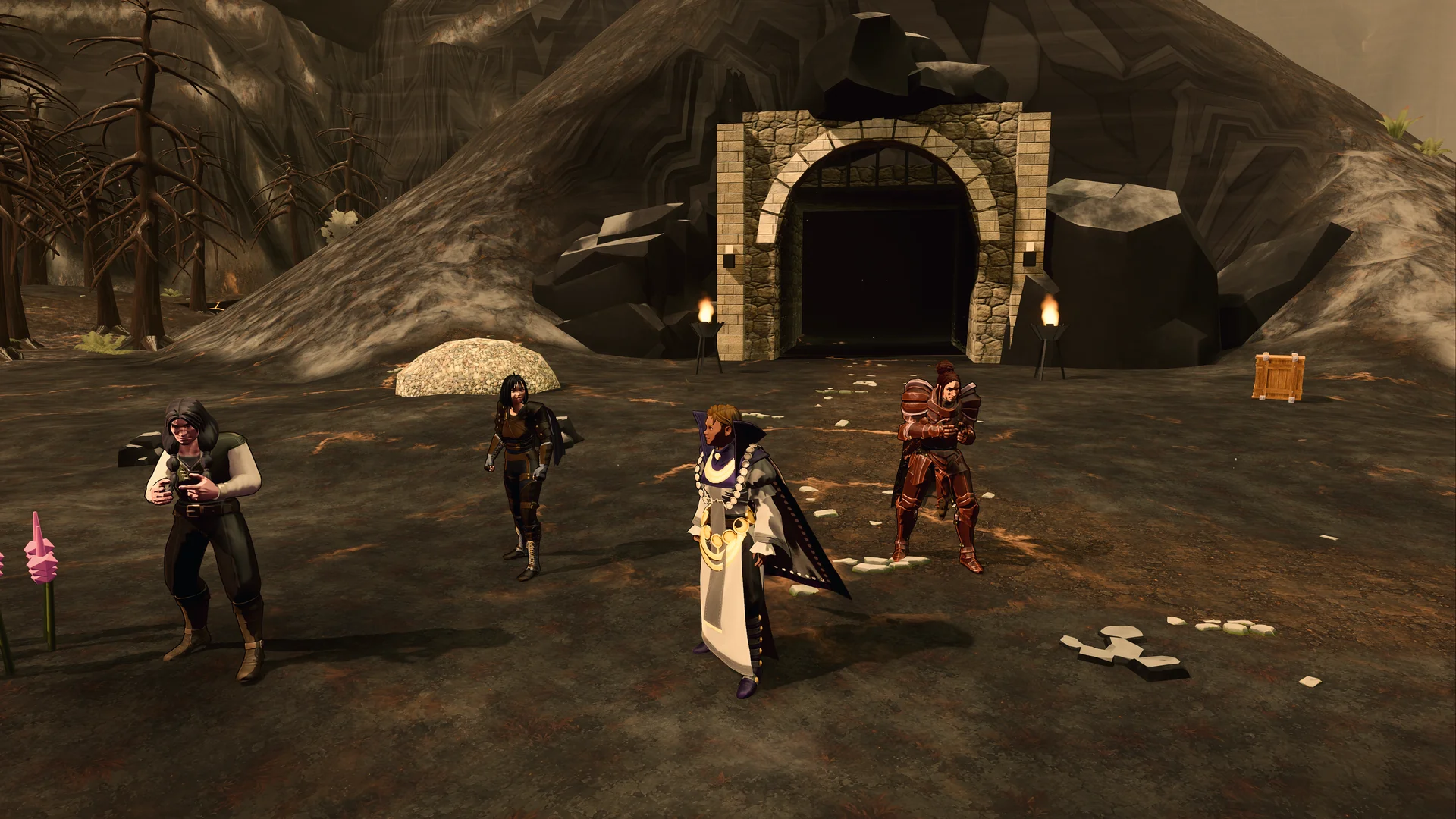 A party assembles outside a stone-framed dungeon entrance.