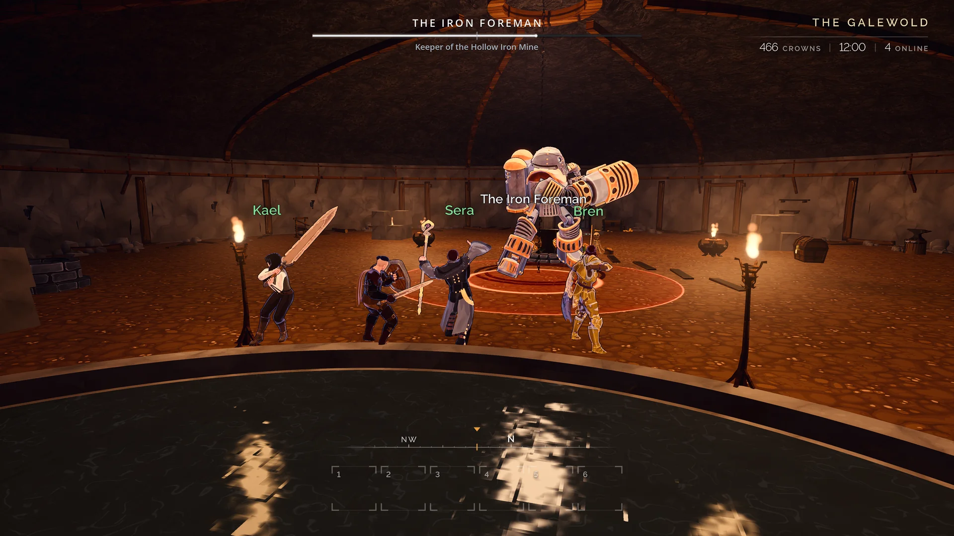 Players confront the Iron Foreman in a torchlit chamber.