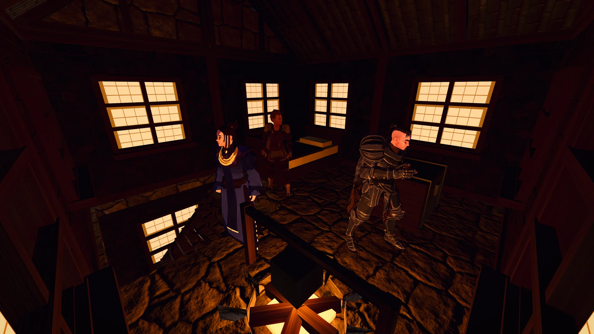Players gather in a timber interior lit by warm windows and a fire.