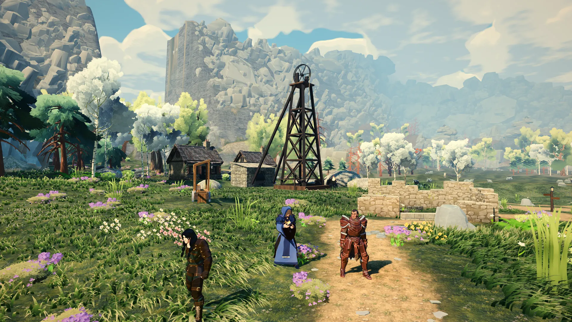 Three travellers on a sunlit path, with mountains beyond the meadow.