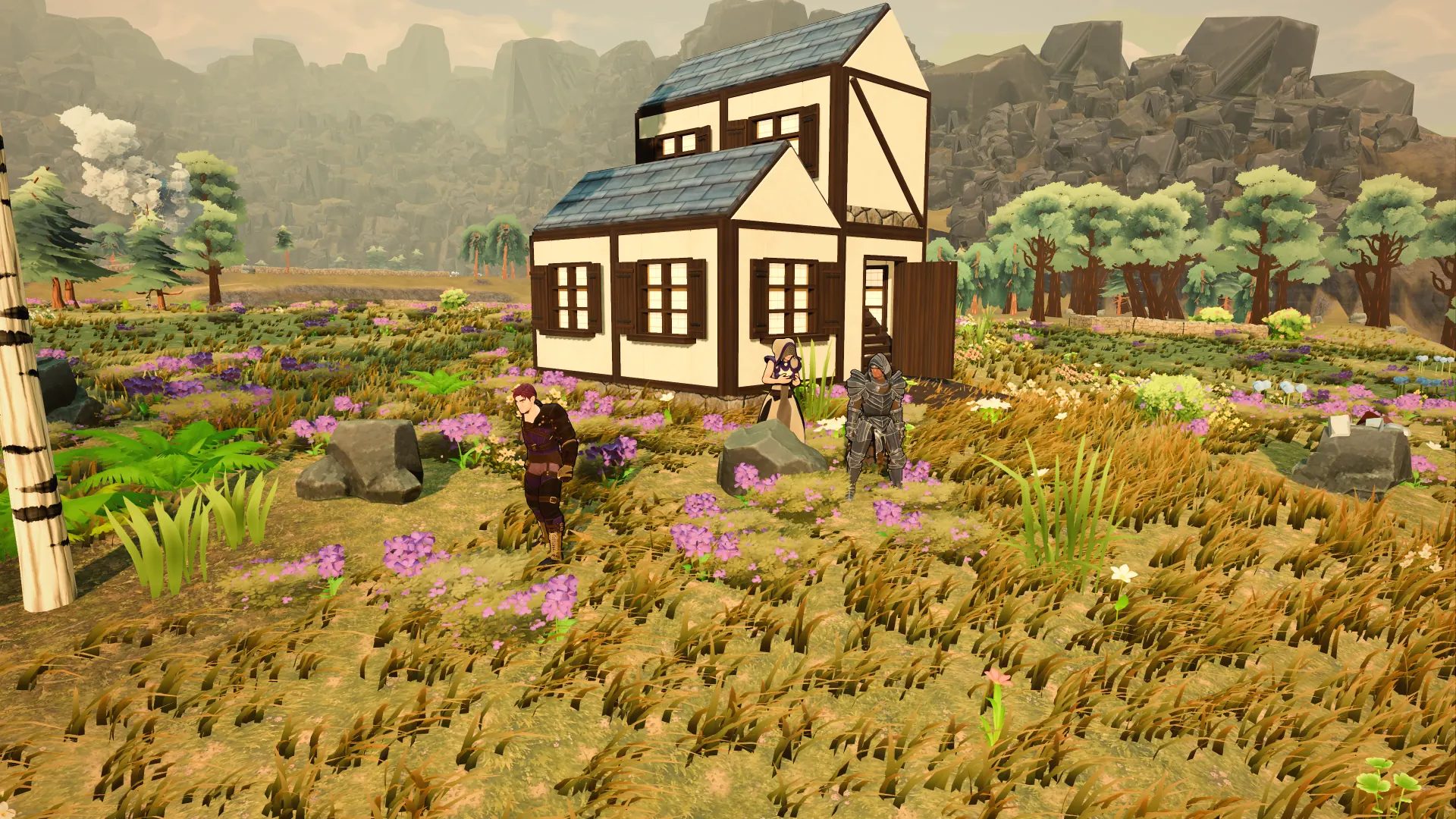A timber-framed player home surrounded by fields and flowers.
